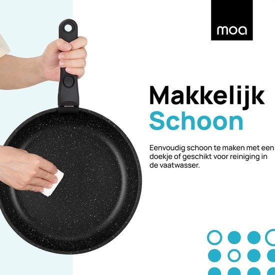 MOA Pfannenset - 5 Teile - Alle Wärmequellen - PFAS frei - Antihaftbeschichtung - Induktionspfannenset - Aluminium - Abnehmbarer Griff - Schwarz - PS501B