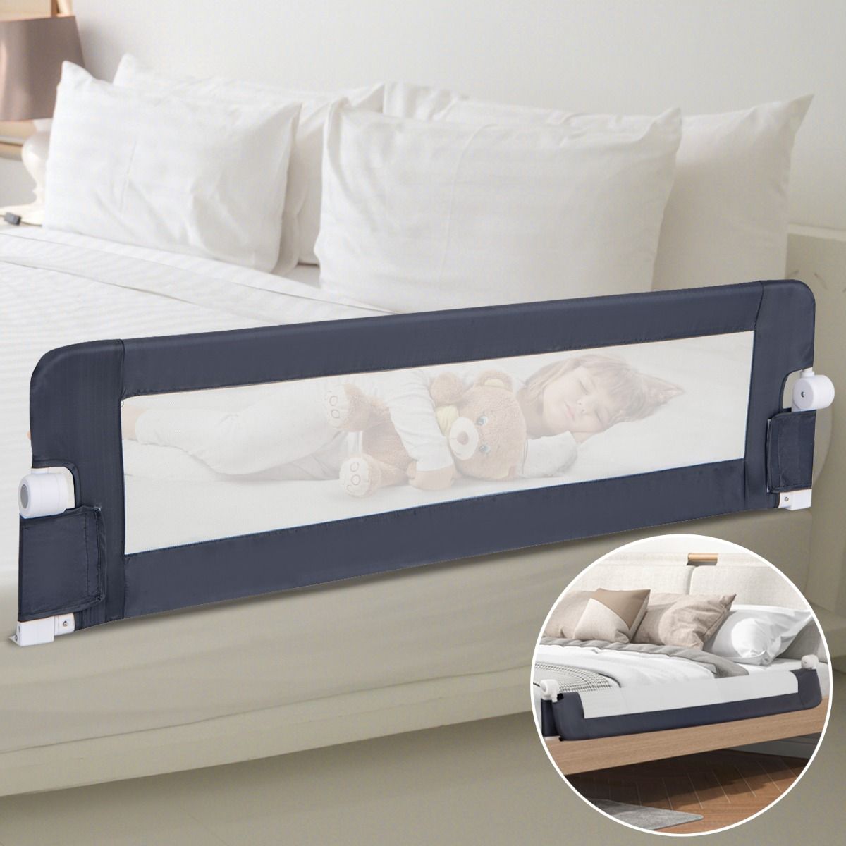Klappbares Bettgitter Kinder – 150 cm – Bett Rausfallschutz – Für Kinderbett & Einzelbett – Grau