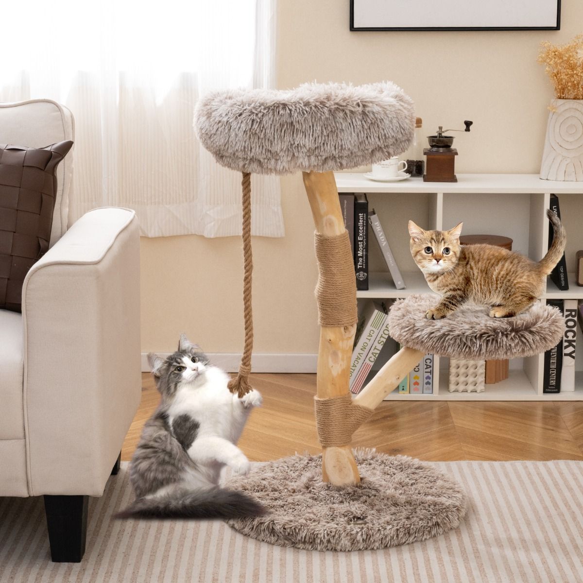 Coast Kratzbaum für Katzen – 3 Ebenen – Birnenholz und Jute – hellgrau und beige – 90 cm