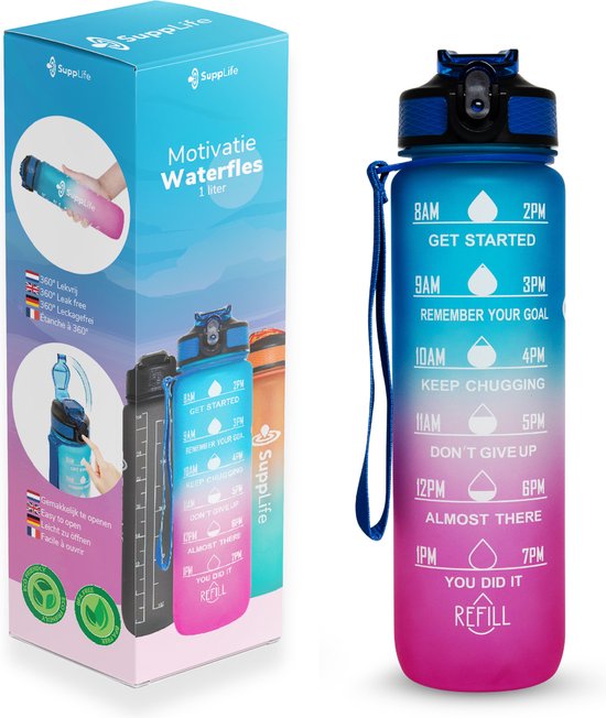 Supplife Motivations-Trinkflasche – 1-Liter-Trinkflasche – Trinkflasche mit Zeitmarkierung – Mit Strohhalm – Erwachsene – Kinder – Blau-Rosa