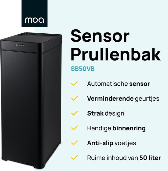 MOA Sensor-Abfalleimer - 50 Liter - Edelstahl & langlebiges ABS - Rutschfest - Geräuschloser Deckel - Schließverzögerung - Schwarz - SB50VB