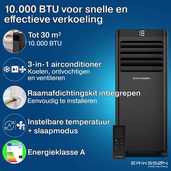 Erikssøn Mobile Klimaanlage – 10.000 BTU – inkl. Fensterdichtungsset – bis zu 30 m² – 4-in-1 – Klimaanlage – Ventilator – Luftentfeuchter – Schwarz