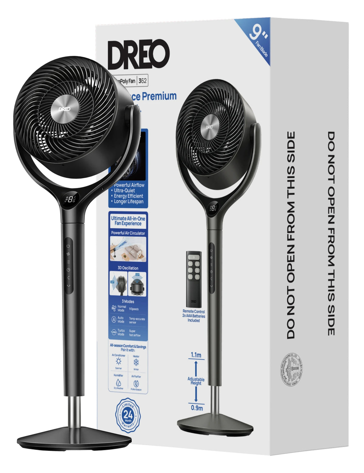 Dreo Turbo Luftzirkulator DR-HPF022 – Ständerventilator – 9 Geschwindigkeitsstufen & 6 Betriebsmodi – Fernbedienung – 120°-Oszillation – Höhe 94–107 cm