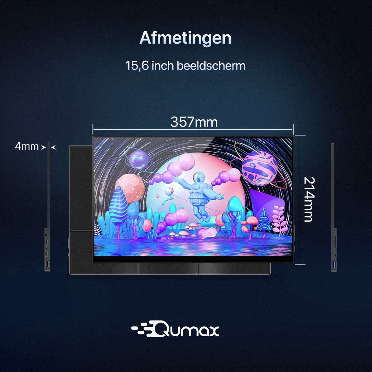 Qumax Tragbarer Monitor - 15,6-Zoll-Tragbarer Monitor - Full HD - HDMI & USB-C - Inklusive Hülle & Standfuß - Multifunktional - Integrierte Lautsprecher