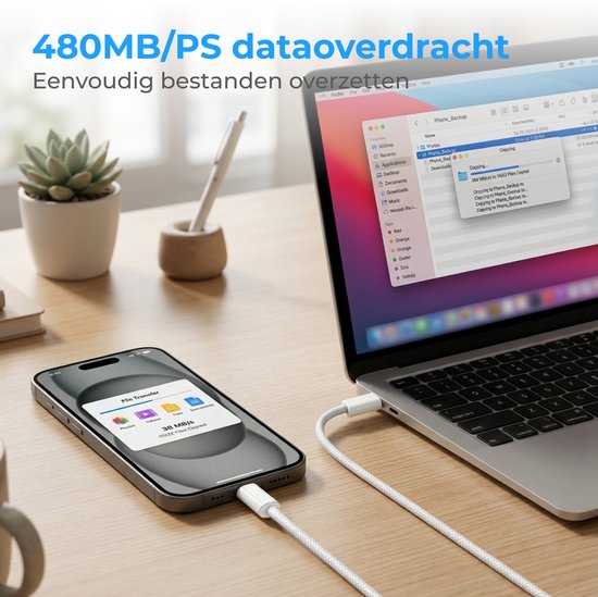 Nuvance USB-C-zu-USB-C-Kabel – USB-C-Ladegerät – 2 Meter – USB-C-Schnellladegerät – geflochtenes Nylon – 60 W – 480 Mbit/s – Weiß