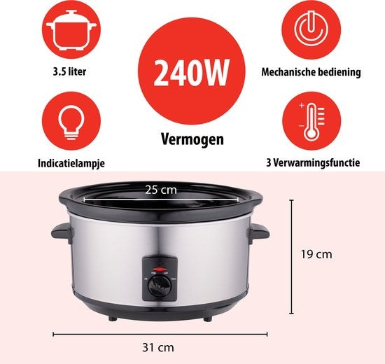 Alpina Slowcooker - 3,5 Liter - Keramik-Innenbehälter - 3 Heizstufen - Edelstahl