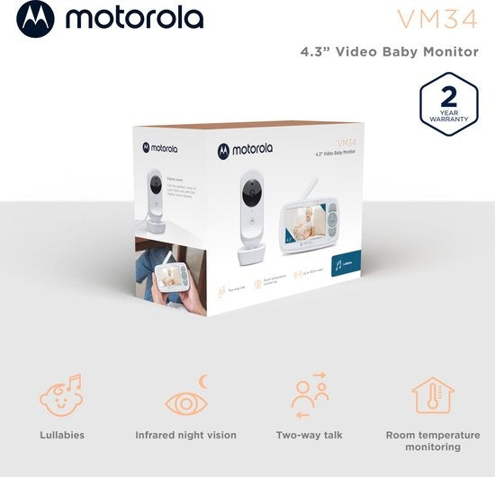Motorola Babyphone für Kinderzimmer - mit Kamera - VM34 - 4,3-Zoll-Farbdisplay - Infrarot-Nachtsicht - Talk-back-Funktion - Wiegenlieder
