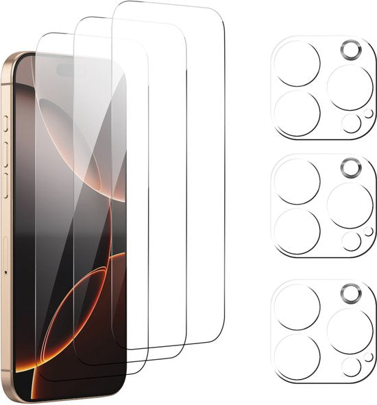 Podec Displayschutzfolie und Kameralinsenschutz passend für iPhone 16 Pro Max - gehärtetes Schutzglas - transparent und kratzfest - gehärtete Glasabdeckung - 3 + 3 Stück