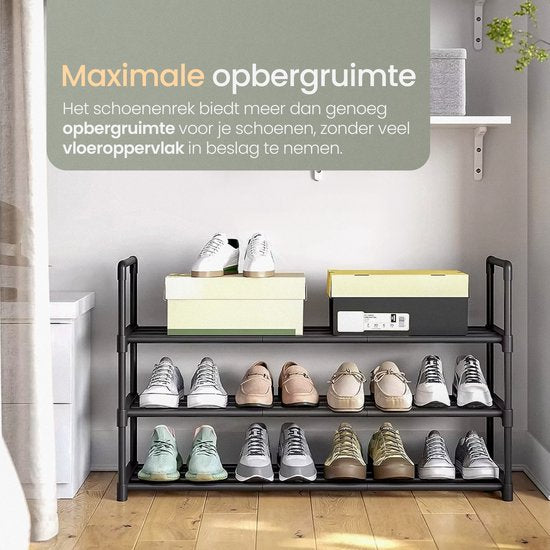 O'DADDY® Schuhregal 3 Lagen - Schuhregal - Schuhaufbewahrungssystem - Schuhschrank - Schuhregal - Schuhschrank - Aufbewahrungsregal für 12 bis 15 Paar Schuhe - Schwarzes Metall