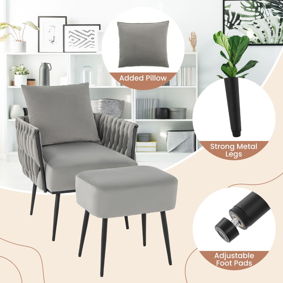 coast Modern Dutch Velvet Side Chair and Footstool Set - Grau - 66x65x80 cm | 46x35x45,5 cm