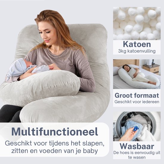 Earkings Schwangerschafts-Schlafkissen 140x80cm U-Form mit abnehmbarem Bezug - Body Pillow hellgrau