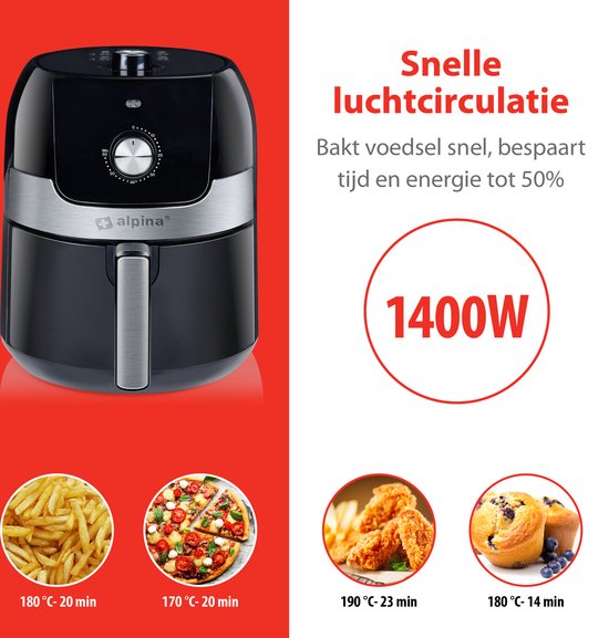alpina Airfryer 3.5L - Heißluftfritteuse 2 bis 3 Personen - Heißluftfritteuse mit einstellbarer Temperatur von 80 bis 200°C - Heißluftofen Airfryer Timer bis zu 60 Minuten - 1400W - Schwarz