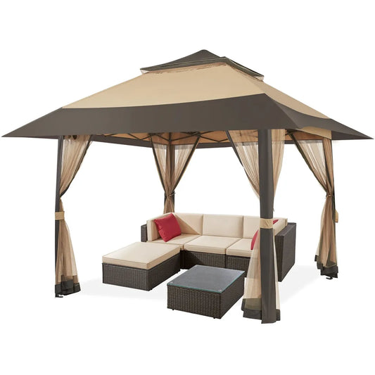 Yaheetech Partyzelt - 4 x 4 m - zusammenklappbar - Gartenpavillon - Mesh-Wände - verstellbar - 271-291 cm - Khaki/Braun