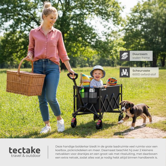 tectake® Handkarren – Zusammenklappbar – 80 kg Tragkraft – Schwenkbare Vollgummiräder mit Bremse – 45 x 88 x 95 cm - Handkarren – Transportwagen – Mit verstellbarer Schubstange – Handkarren – Wasserabweisender Transportwagen – Mit Ablagebrett und Innenfac