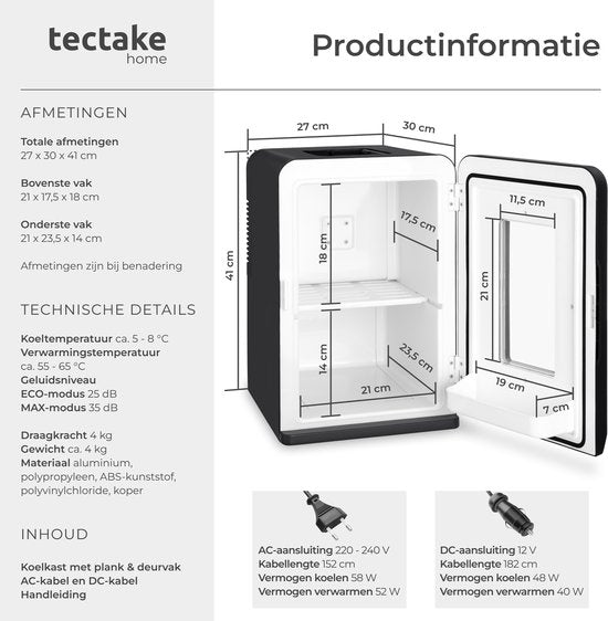 tectake® Mini-Autokühlschrank – Tragbare Minibar 14 l – 2-in-1-Funktion: Kühlen und Erwärmen – 5 bis 65 °C - Mini-Kühlschrank – Elektrische Kühlbox – 12 V + 220/240 V-Anschluss – Tragbarer Camping-Kühlschrank