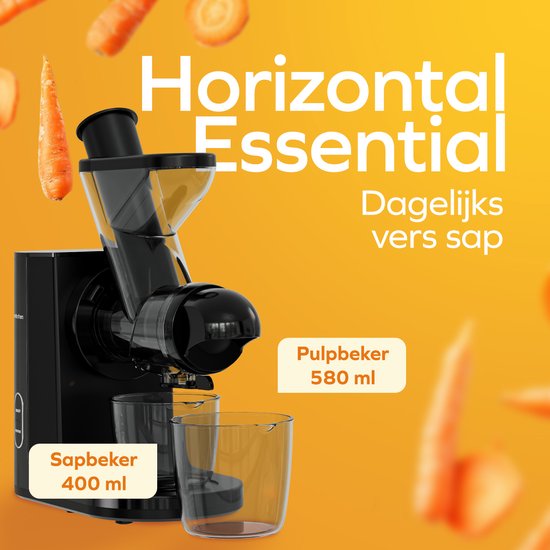 KitchenBrothers Slowjuicer - Entsafter - Gemüse- und Obstpresse - 43 mm und 60 mm Einfüllöffnung - 400 ml - Schwarz