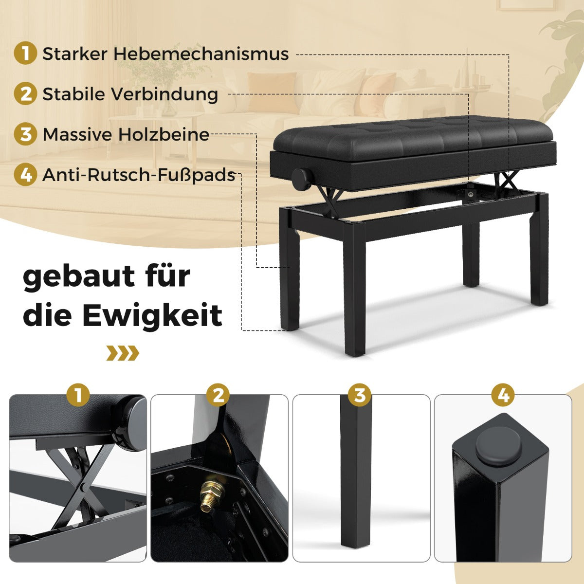 Verstellbare Duett-Klavierbank mit Ablage und wasserdichtem gepolstertem Kissen - 6 x 36 x 48-58 cm - Schwarz