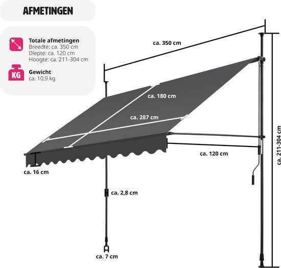 Tectake Klemmmarkise und Sonnenschirm - Markise - Verstellbar - Für Balkon - 350 x 180 cm - Schwarz grau