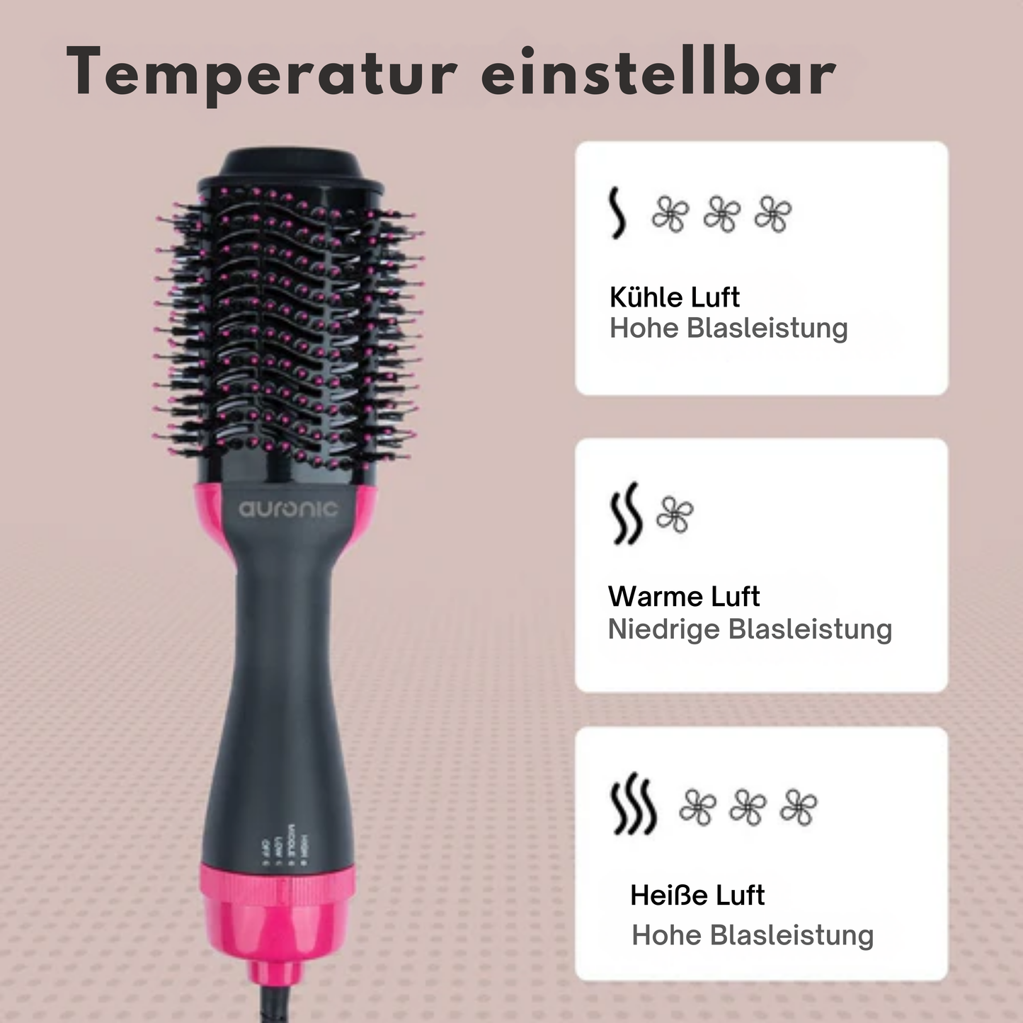 Auronic 3-in-1 Haartrocknerbürste - Rund - Lang/Kurz/Style/Locken - Schwarz/Pink