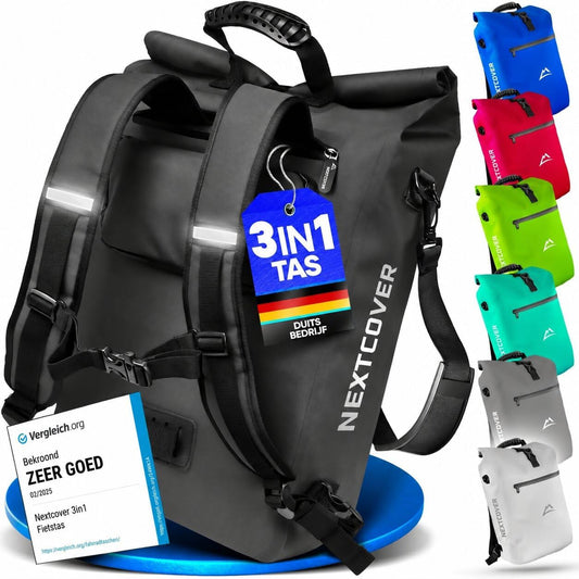 Nextcover 3-in-1-Fahrradtasche – Rucksack und Umhängetasche – Wasserdicht – Laptopfach – 25 Liter – Schwarz