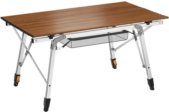 tectake® Campingtisch – 90 x 52 x 47 – 70 cm - Klapptisch aus Aluminium – Aufrollbare Tischplatte – Falt-Tisch – Reisetisch – Gartentisch – Wetterfest – Höhenverstellbar – Tragetasche – Zusammenklappbar – Holzoptik