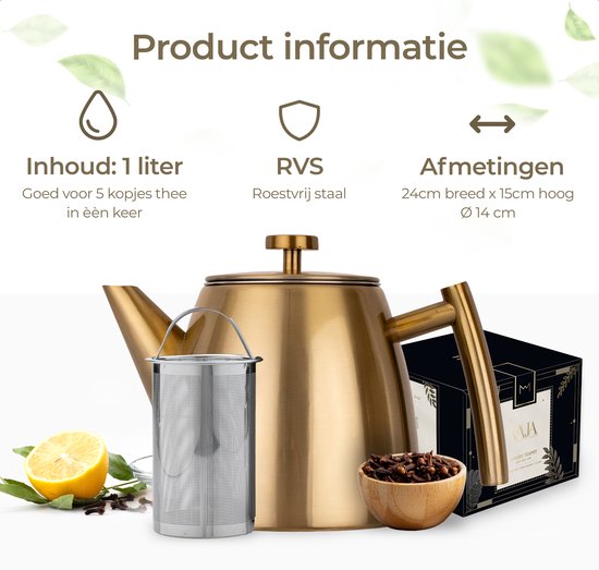 Vaja® Teekanne Juliette Gold - Doppelwandig - 1 Liter - Edelstahl-Teekanne mit Filter & Heißhalterung
