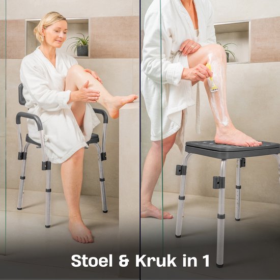 Sanicraft® Duschstuhl - Duschhocker mit Armlehne & Duschkopfhalterung - Stuhl & Hocker in 1 - Höhenverstellbar - Rutschfeste Beine - Silber