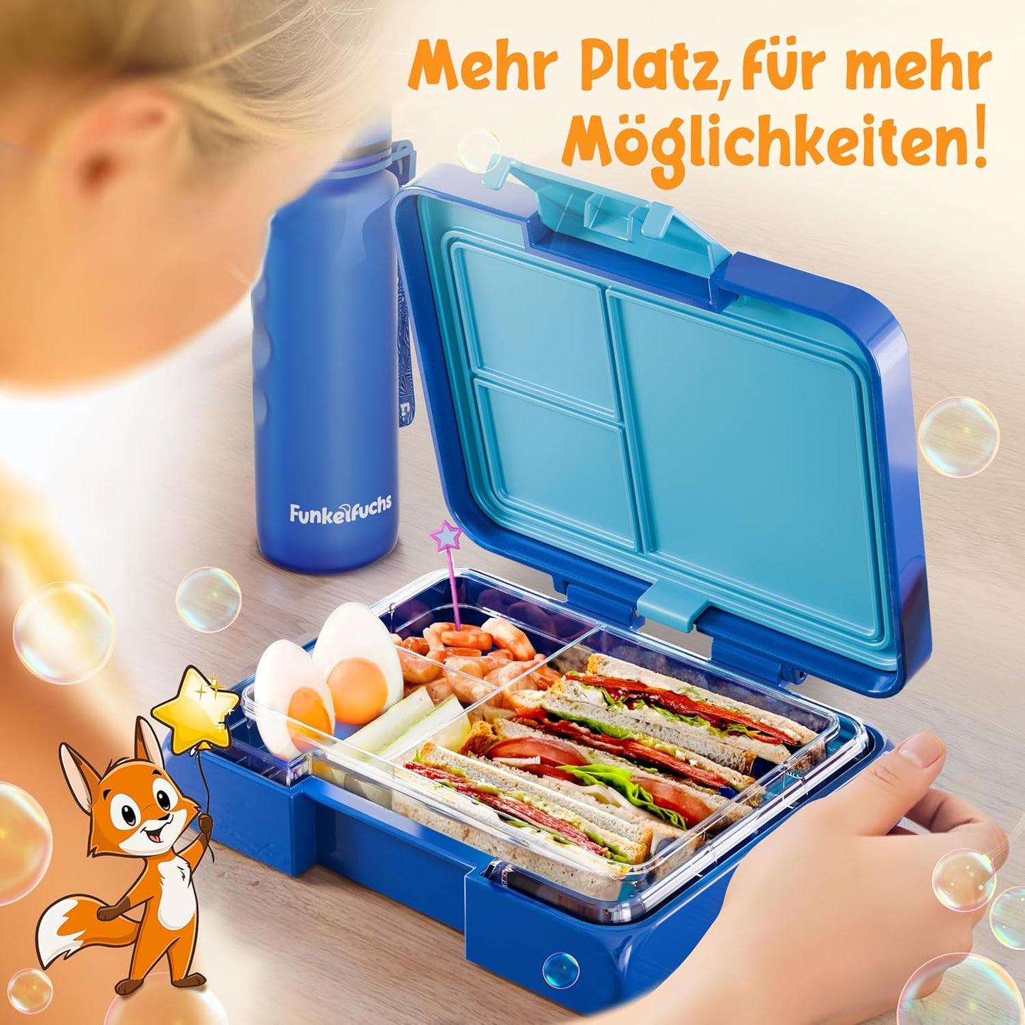 Funkelfuchs® - Lunchbox Kids mit Fächern - 500ml, blau - Lunchbox Stern, klein - Brotzeitbox, Snackbox, Lunchbox, Brotzeitbox, bento box kids - für Schule, Kindergarten und Krippe