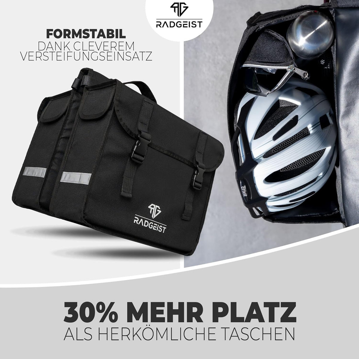 RADGEIST Doppel-Fahrradtasche I Doppel-Fahrradtasche für Gepäckträger 30L I Einfache Befestigung, Doppel-Fahrradtasche schwarz