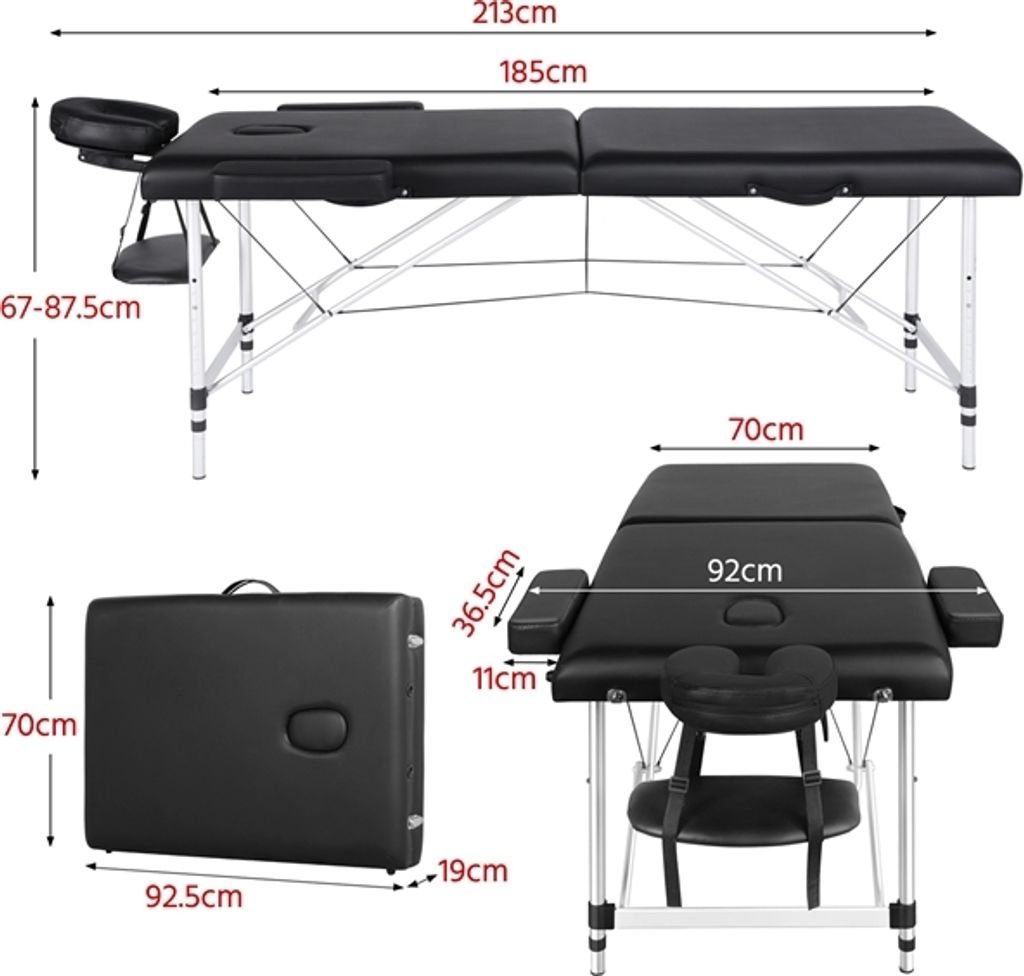 Yaheetech Massageliege mit 2 Zonen – Zusammenklappbar aus Aluminium – Höhenverstellbar – Schwarz – 213 x 92 cm