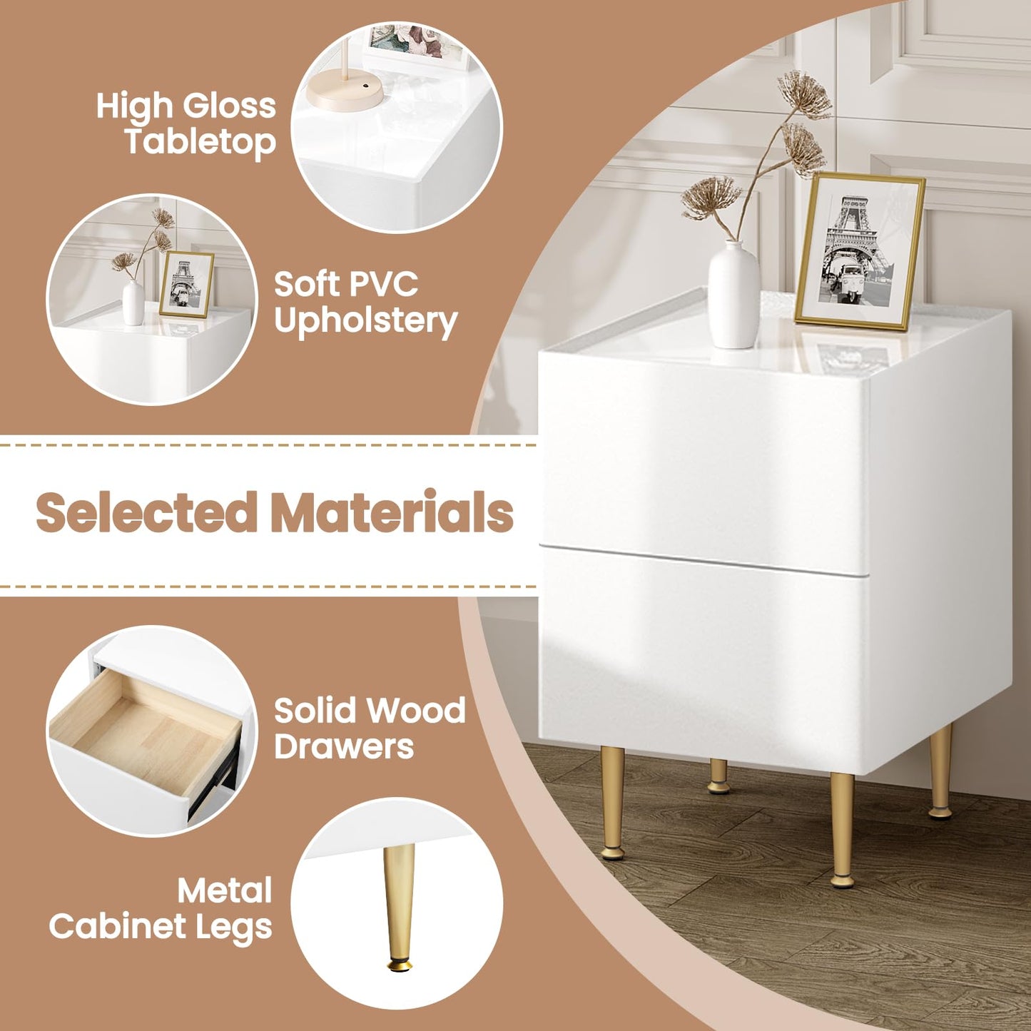 WOLTU NTS10ws03 Nachttisch – 2 Schubladen – Hochglanzweiß mit Gold – 35 x 40 x 51 cm – Holz, PVC und Metall