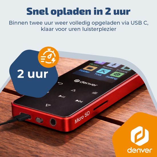 Denver MP3/MP4-Player – Bluetooth – Zufallswiedergabe/Wiederholung – SD-Karte bis zu 128 GB – inkl. Ohrhörer – Diktiergerät – MP1830R – Rot