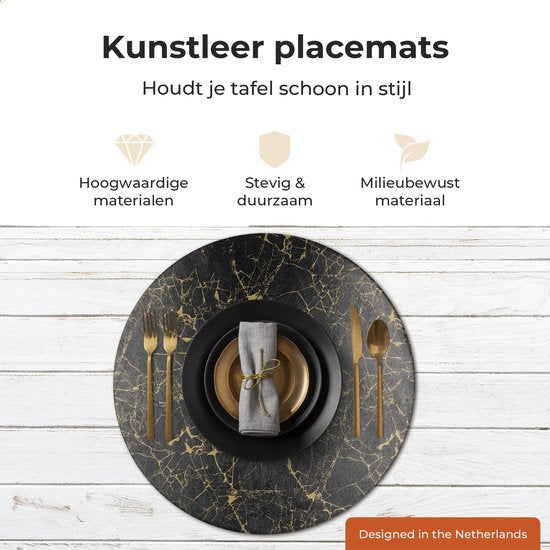 Castagnola Tischsets in Lederoptik - Runde Tischsets - Rutschfeste Kunstleder Tischsets - Wasserabweisende Untersetzer - Untersetzer - 6 Stück - Durchmesser 38 cm - Schwarz/Gold