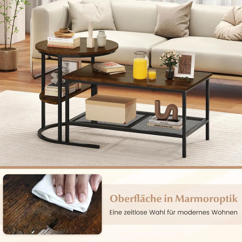 Coast Couchtisch 2er-Set - Ovaler und runder Beistelltisch mit Metallgestell - Braun