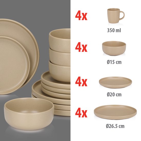 alpina Geschirrset 16-teilig - Geschirrset 4 Personen - Steingutgeschirr - Frühstücksteller, Essteller, Schüsseln und Becher - Mikrowellen- und spülmaschinenfest - Sand