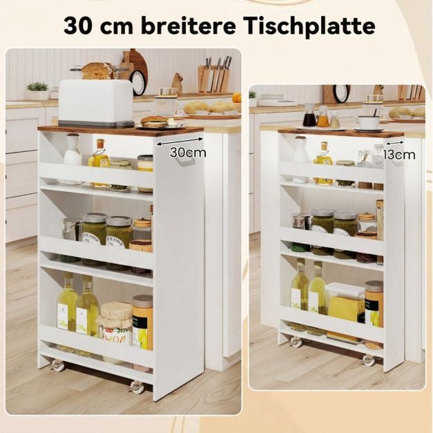 Coast Schmaler Küchenwagen – 4-stöckiges Regal mit Griff, 47,5 x 30 x 80,5 cm – Weiß