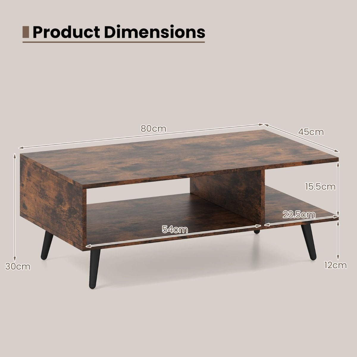 coast Couchtisch 2-stöckig - rustikal braun - 80 x 45 x 30 cm - offene Ablage & Metallbeine