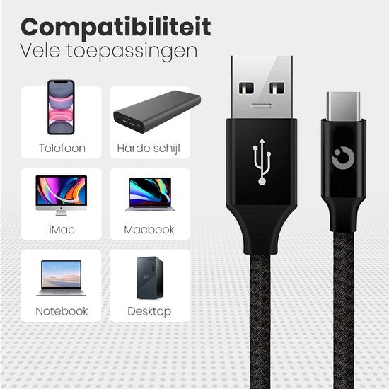Auronic USB-C Kabel - 5M - 2.4A - USB C zu USB-A - Geflochtenes Nylon - Schwarz