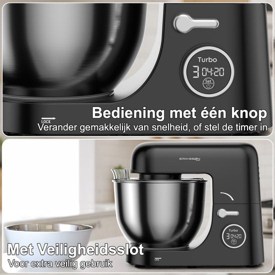 Erikssøn Küchenmaschine - 8 Geschwindigkeitsstufen mit Timer - 5L Mixer mit Rührschüssel - 1400W - Küchenroboter - Küchenmixer - Küchenmaschine - Schwarz
