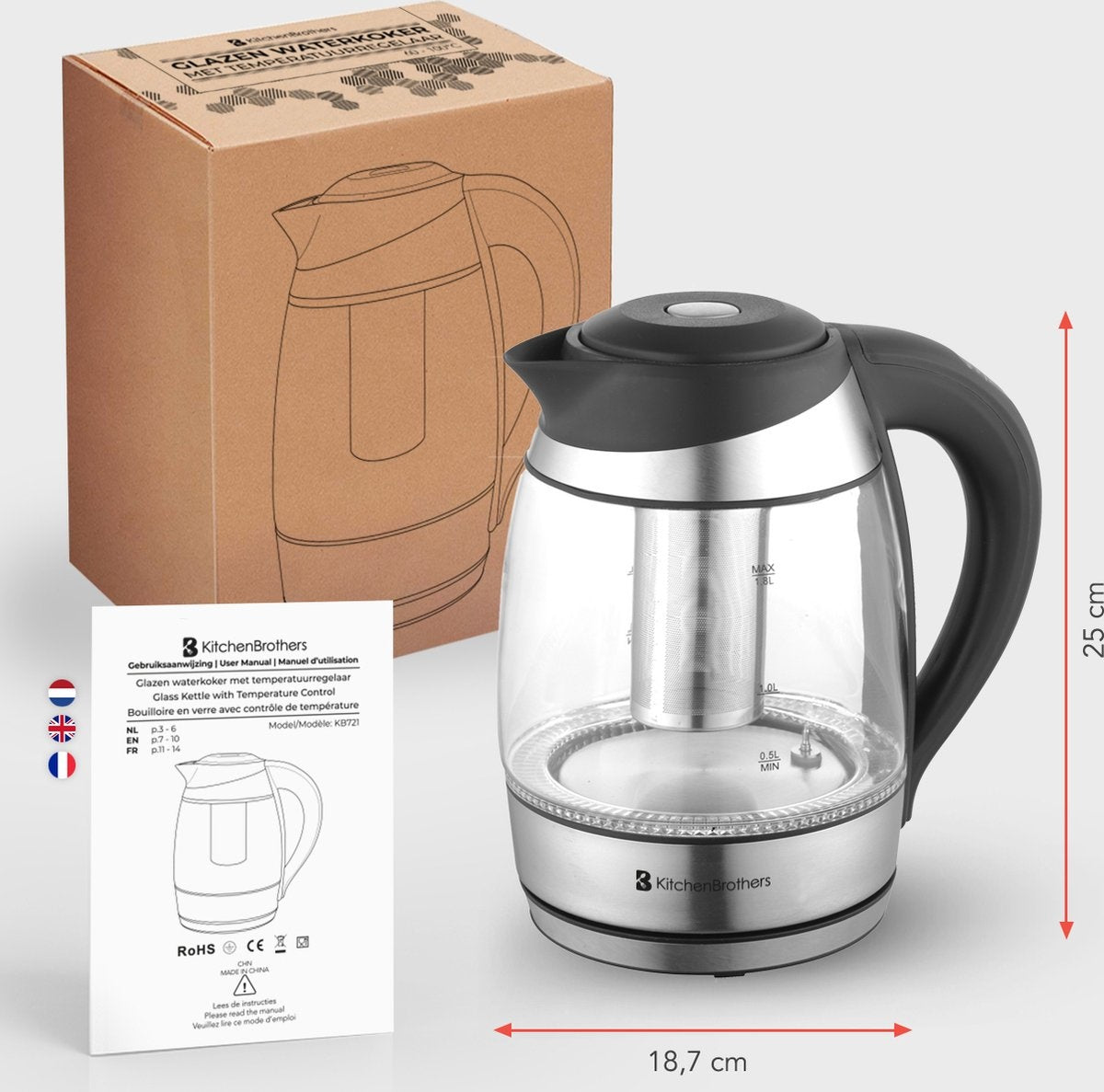 KitchenBrothers Elektrischer Wasserkocher - 1,8L - Temperaturregelung - Warmhaltefunktion - mit Teefilter - 2200W - 1,8L - Glas - Edelstahl