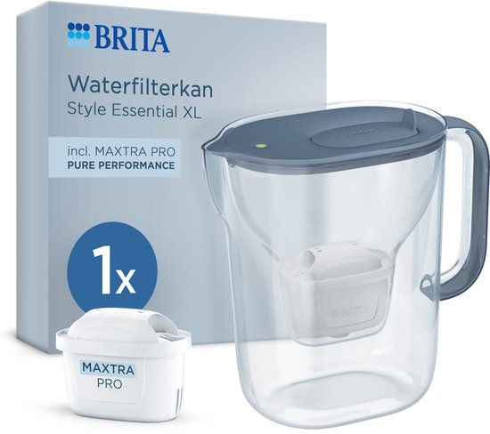 BRITA Wasserfilterkanne Style Essential XL – 3,6 l – Blau – inkl. 1x MAXTRA PRO Pure Performance – große Filterkanne mit Smart Light LED und Klappdeckel, filtert Verunreinigungen und mehr