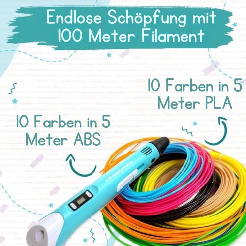 MM Brands - 3D Stift - Starter Pack - inkl. 100m Filament in 10 Farben - Extra langes Ladekabel - Geeignet für ABS & PLA Filament - Blau