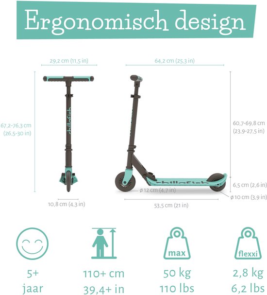 Chillafish Kinder-Tretroller für Jungen und Mädchen ab 5 Jahren mit Fußbremse – Blau-Grün – Tretroller mit verstellbarem Lenker – Zusammenklappbar und leicht, mit ABEC-5-Rädern – Modell Flexxi