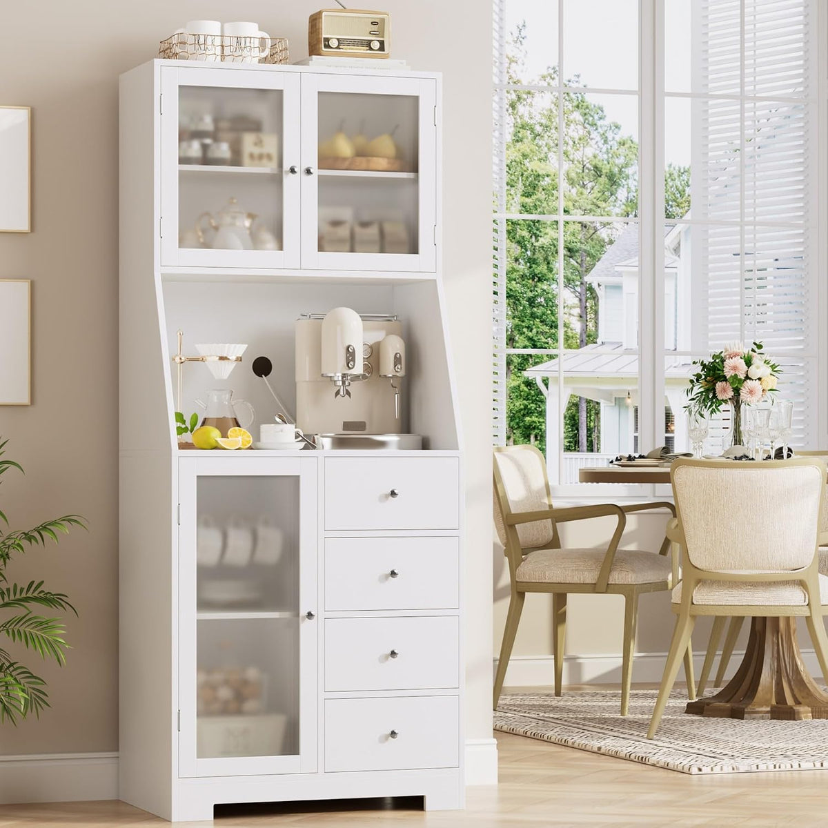 Hoher Küchenschrank mit Arbeitsplatte – 4 Schubladen und 3 Glastüren – 60 cm breit – Weiß