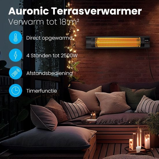 Auronic Terrassenstrahler - Infrarot - Strahler - Elektrisch - 2500W - Fernbedienung - 4 Stufen - Schwarz