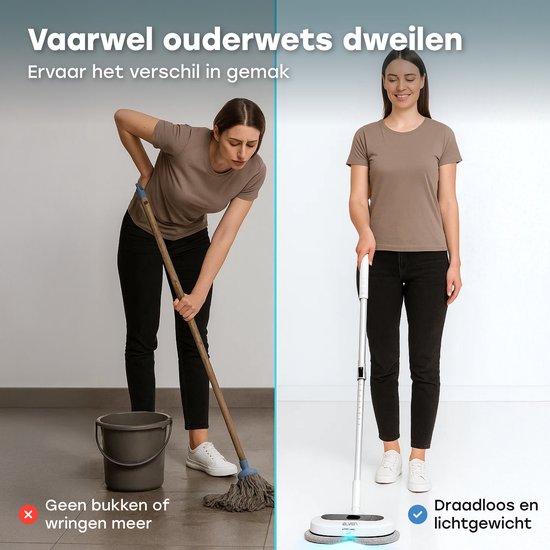 Ølven Elektro-Mopp - Schnurlos - Bodenreiniger - Sprühfunktion - LED-Beleuchtung - 50W - Verstellbar - Weiß