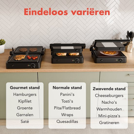 KitchenBrothers Kontaktgrill - Grillgerät - Abnehmbare Grillplatten - Panini Grill - 3 Höheneinstellungen - Toasti Eisen - 2000W - Schwarz