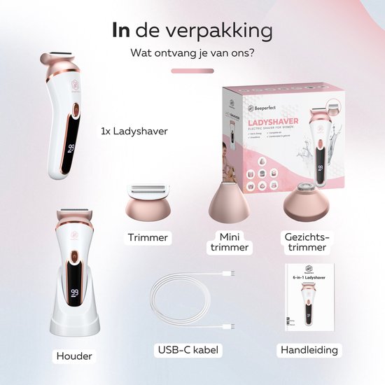Beeperfect® 3 in 1 Ladyshaves For Women Prime - Damenrasierer - Bikini-Trimmer - Wiederaufladbar - Wasserdicht - 3 Aufsätze