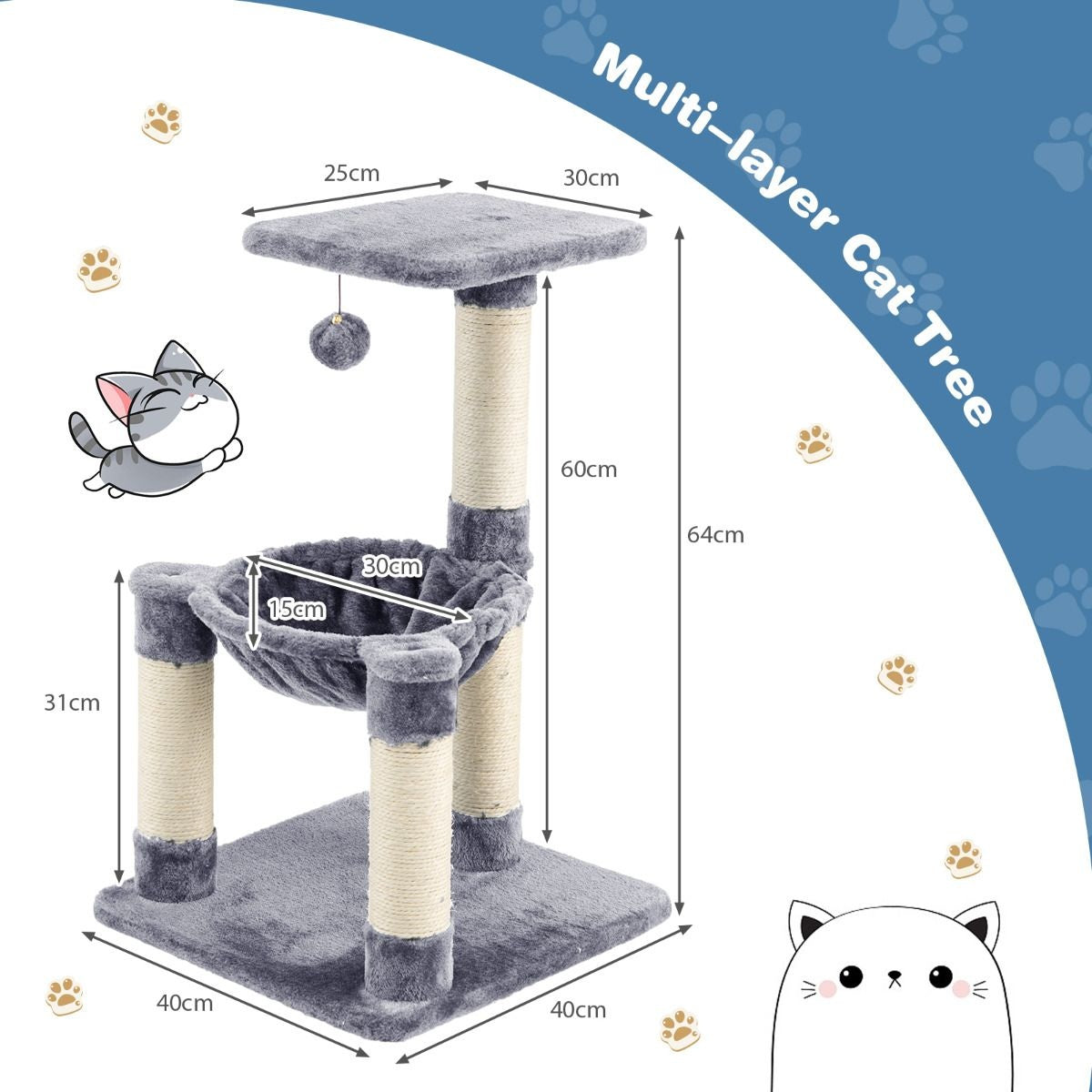 Coast Multi -Storey Scratching Post Soft Wrapped Kratzbaum mit einer gemütlichen Hängematte grau