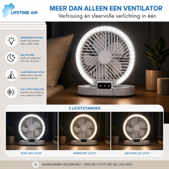 Lifetime Air Tischventilator, wiederaufladbar – Mini-USB-Ventilator, 1200 mAh – 5 Geschwindigkeitsstufen und LED-Anzeige – 21 x 20,5 x 23 cm – Weiß